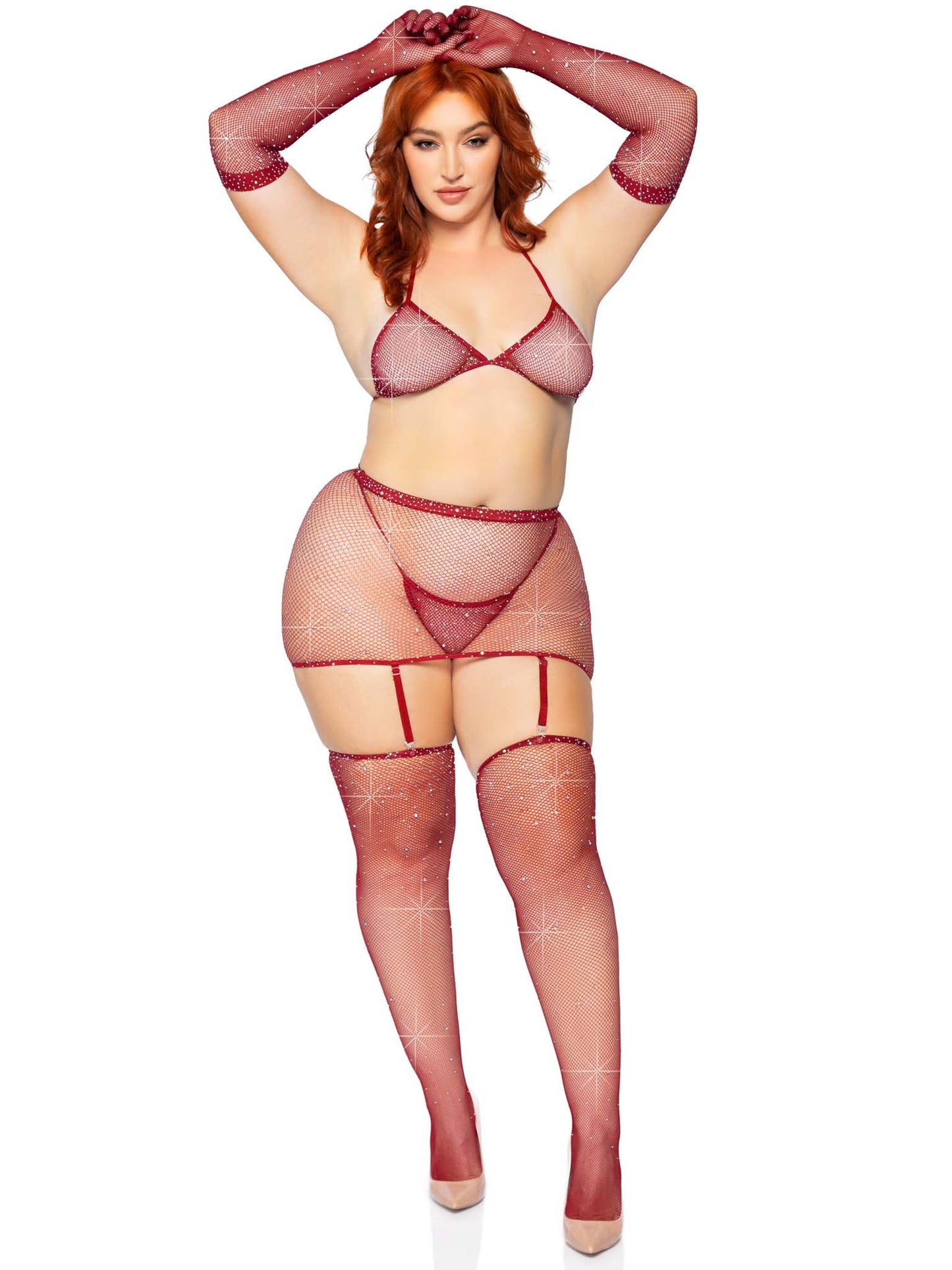5 Pc Rhinestone Bikini Top G-String Garter Skirt, Gloves and Stockings - Queen Size - Burgundy LA-81617XBUR