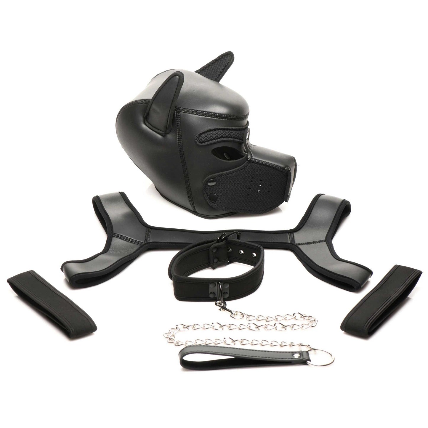 Full Pup Arsenal Set Neoprene Puppy Hood, Chest Harness, Collar With Leash and Arm Band - Black MS-AH170