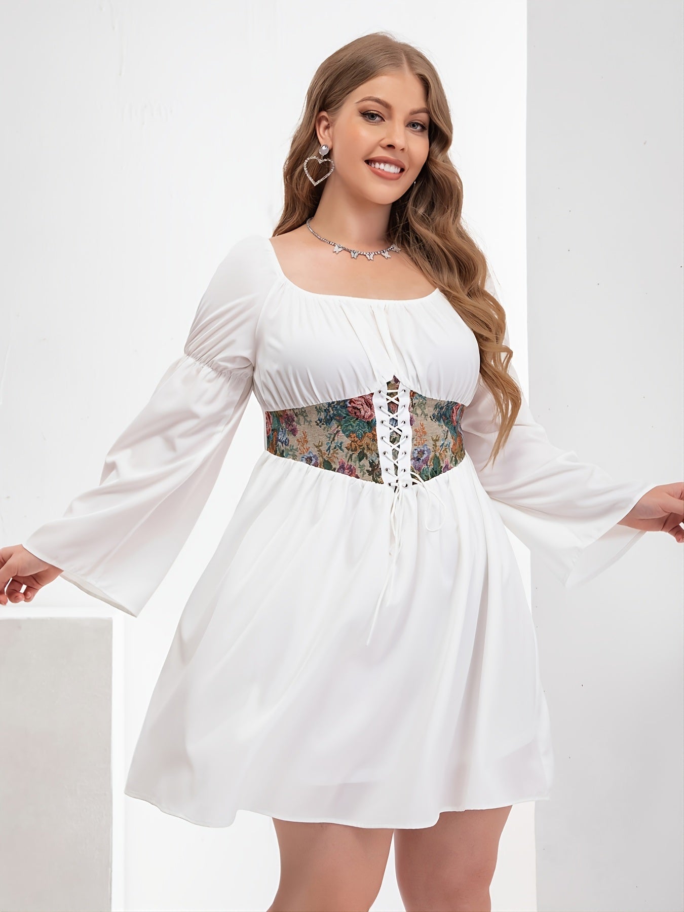Plus Size Long Sleeve Square Neck Corset Midi Dress; Women's Plus Classic Elegant Dress - Whoopee Shop