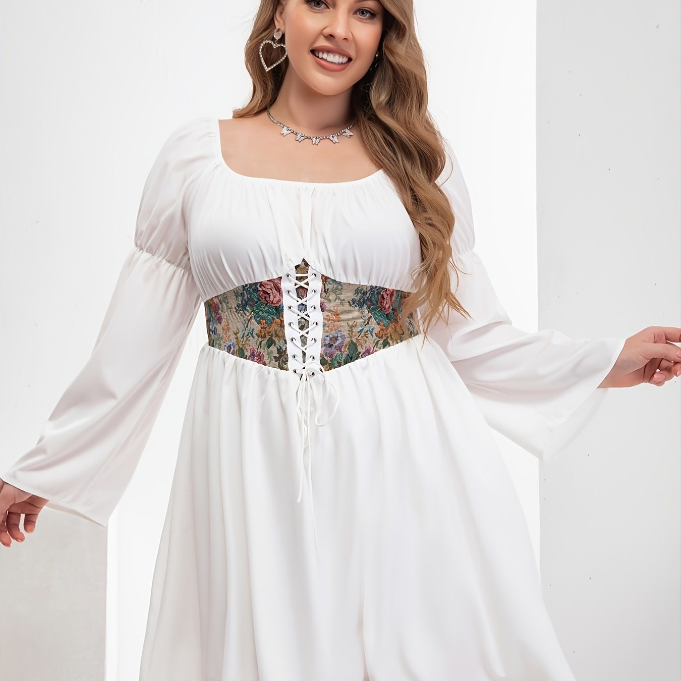 Plus Size Long Sleeve Square Neck Corset Midi Dress; Women's Plus Classic Elegant Dress - Whoopee Shop
