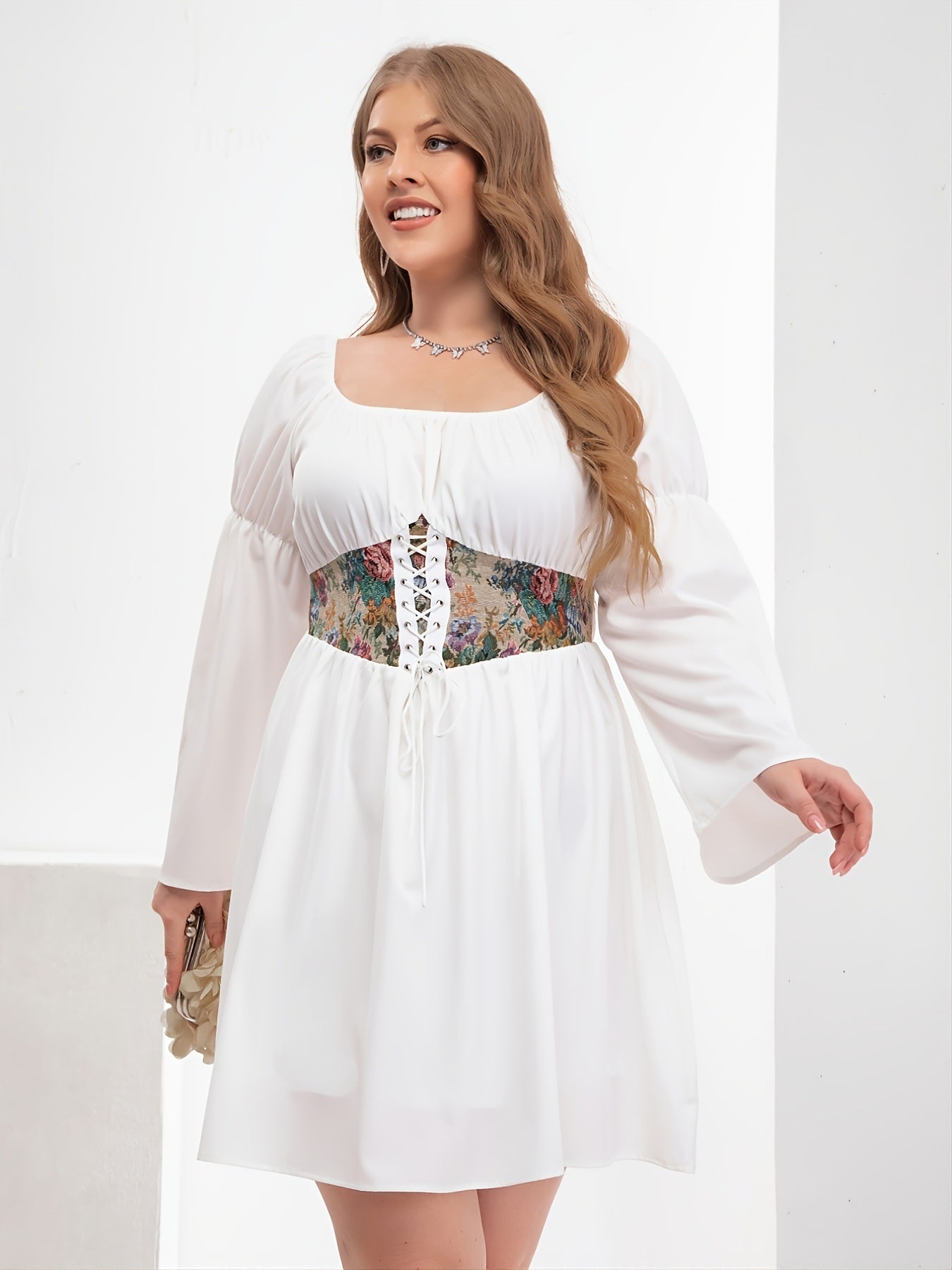 Plus Size Long Sleeve Square Neck Corset Midi Dress; Women's Plus Classic Elegant Dress - Whoopee Shop