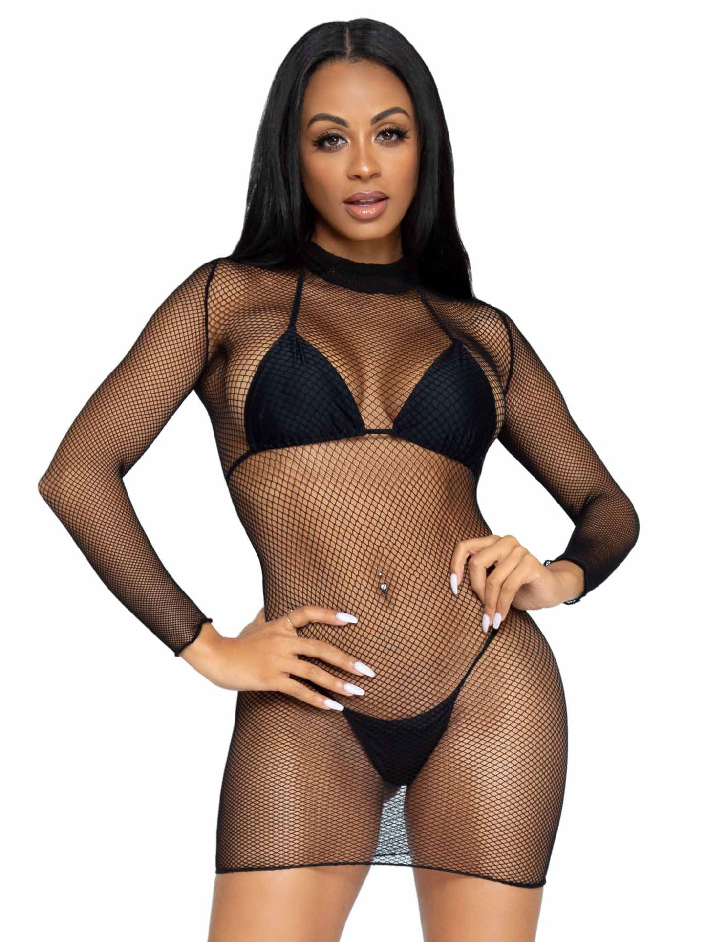 Ultra Net Long Sleeve High Neck Mini Dress - One Size - Black LA-86799BLKOS