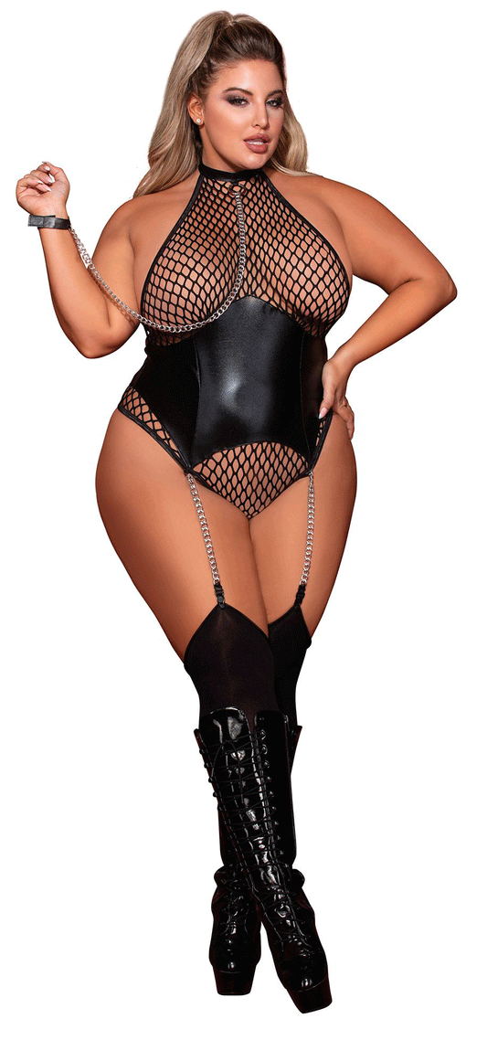 Garter Teddy and Leash - Queen Size - Black  Queen Size - Black DG-12495XBLKQ