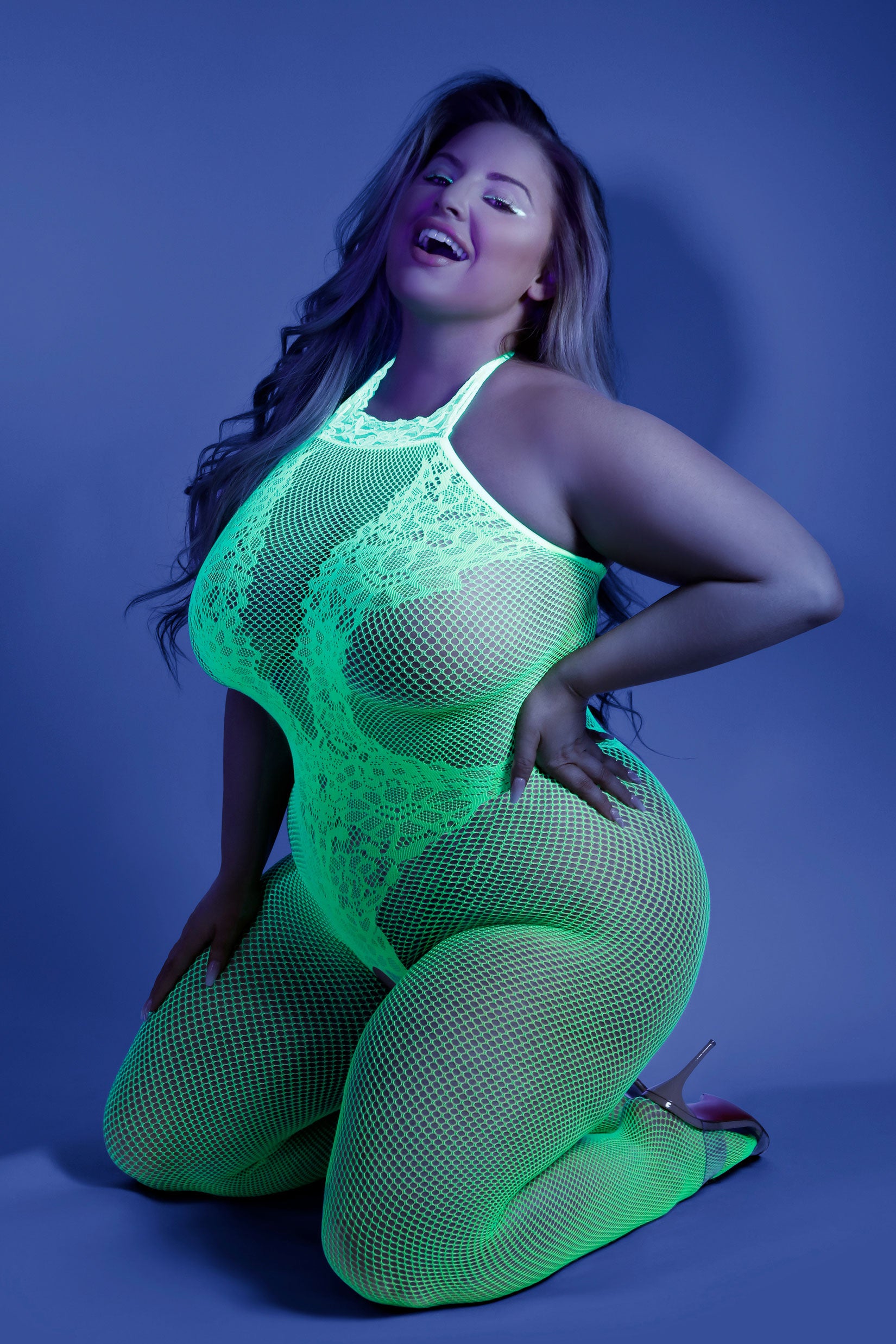 Moonbeam Crotchless Bodystocking - Queen - Neon Green FL-GL2112-QS-B