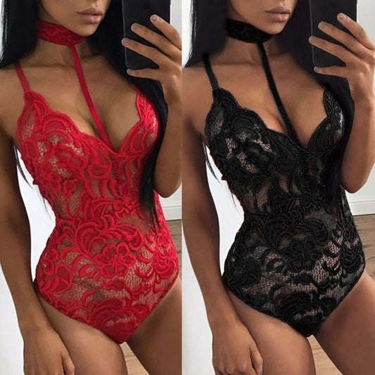 Fashion Women Sheer Lace Floral Leotard Tops Backless Jumpsuit Sexy Lingerie Dress Neck Choker Bodysuit - Whoopee Shop