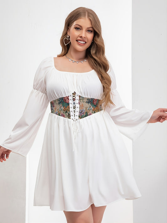 Plus Size Long Sleeve Square Neck Corset Midi Dress; Women's Plus Classic Elegant Dress - Whoopee Shop