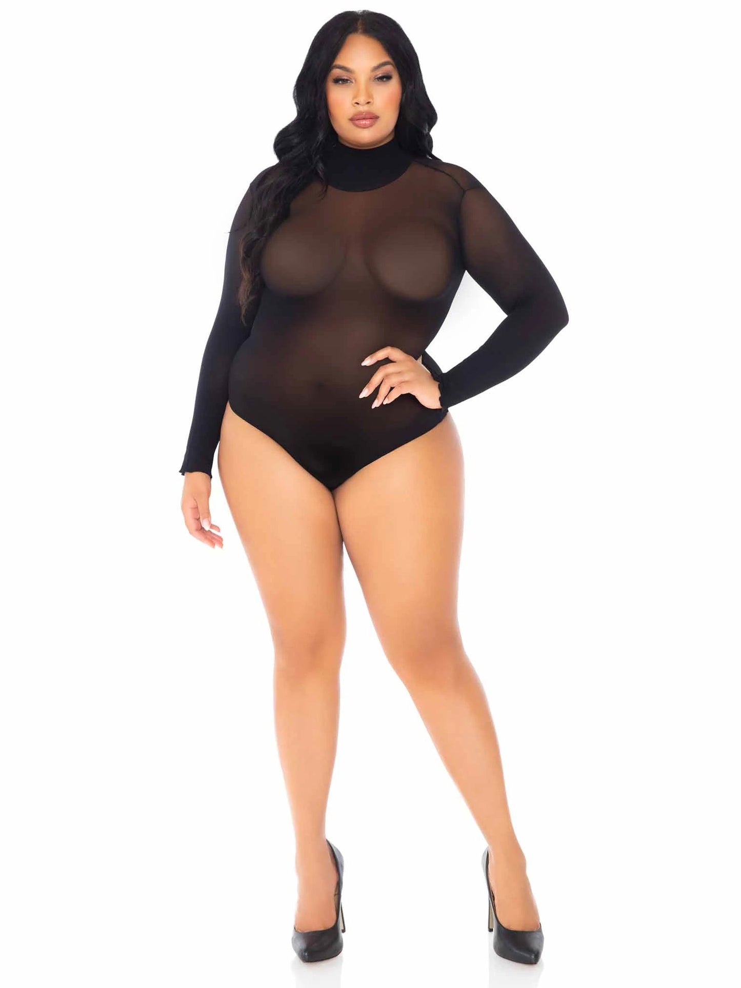 Opaque High Neck Long Sleeve Bodysuit With Snap  Crotch - 1x/2x - Black LA-89228XBL1X2